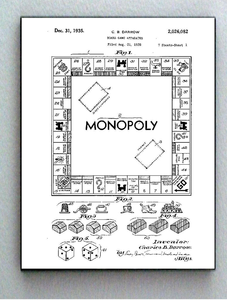 Framed 8.5 X 11 Monopoly Game Board Original Patent Diagram Plans Ready To Hang