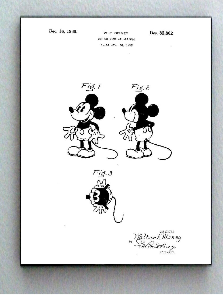Framed 8.5 X 11 Mickey Mouse Disney Original Patent Diagram Plans Ready To Hang