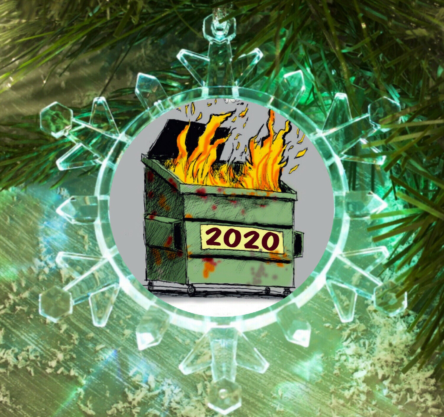 2020 Dumpster Fire Snowflake Multi Blinking Lit Holiday Christmas Tree Ornament