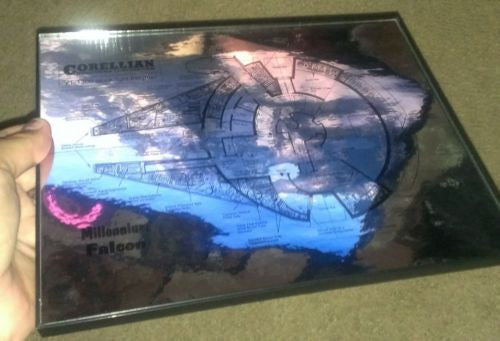 Framed spec plate chrome metal plans to Star Wars Millennium Falcon Han Solo