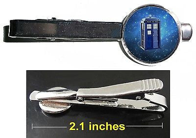 TARDIS Dr. Doctor Who Tie Clip Clasp Bar Slide Silver Metal Shiny
