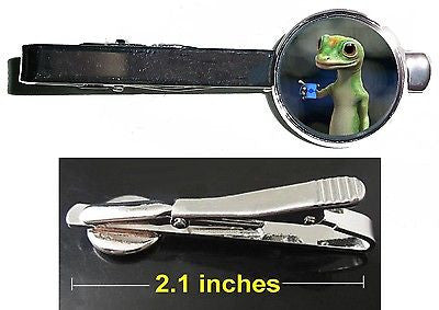 Geico Gecko Lizard with coffee Tie Clip Clasp Bar Slide Silver Metal Shiny