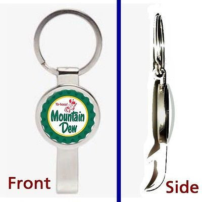 retro classic Mountain Mt. Dew Pennant Keychain silver tone secret bottle opener