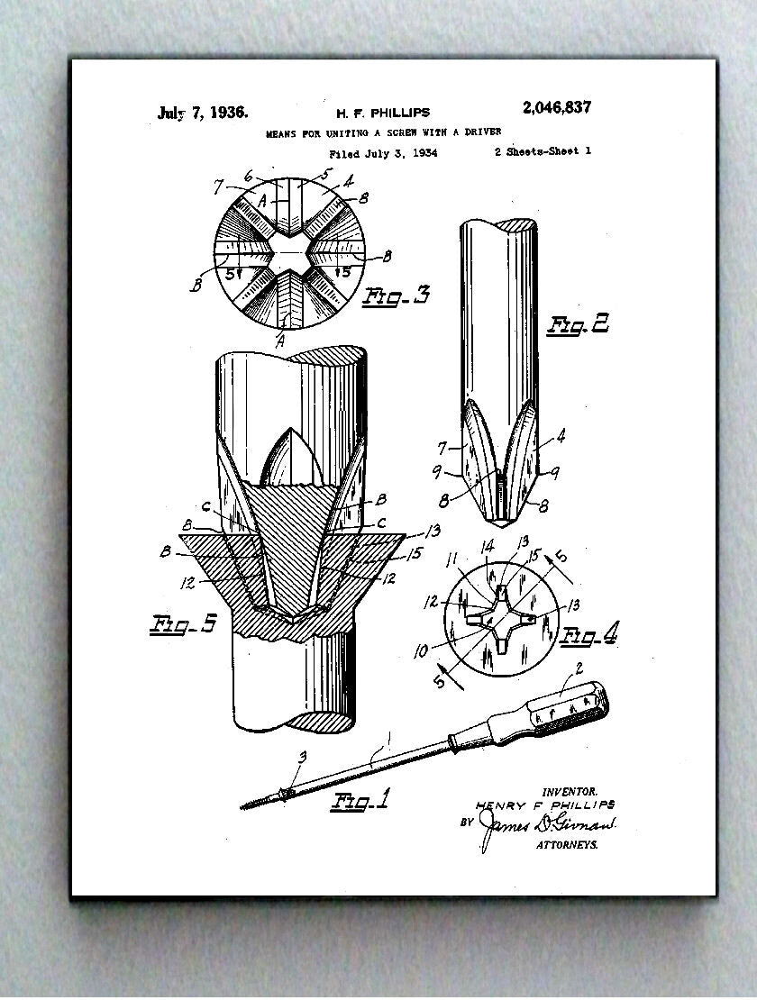 Framed 8.5 X 11 Phillips Head Screwdriver Original Patent Diagram Plans