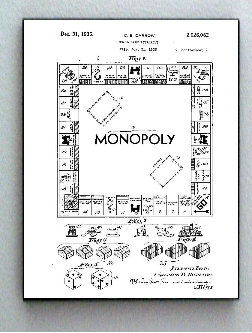 Framed 8.5 X 11 Monopoly Game Board Original Patent Diagram Plans Ready To Hang