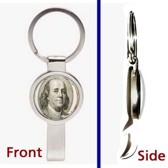 100 Dollar Bill Ben Franklin Pennant Keychain silver tone secret bottle opener
