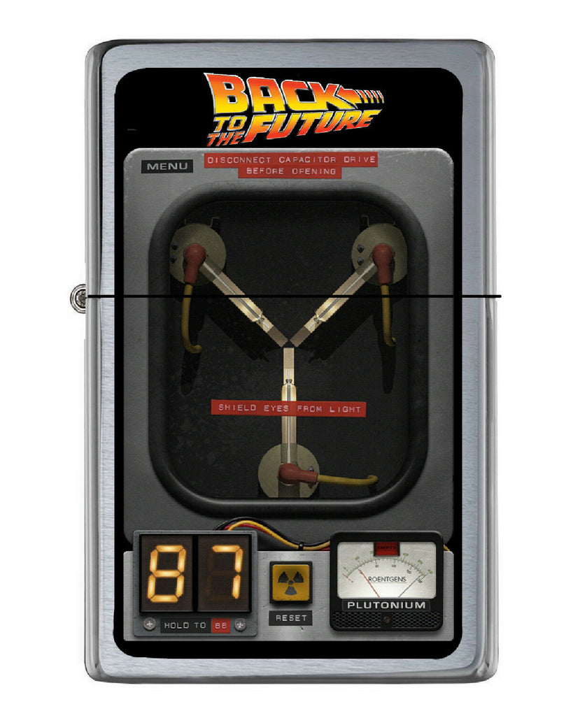 Back To The Future Flux Capacitor Flip Top Lighter Brushed Chrome Vinyl Image.