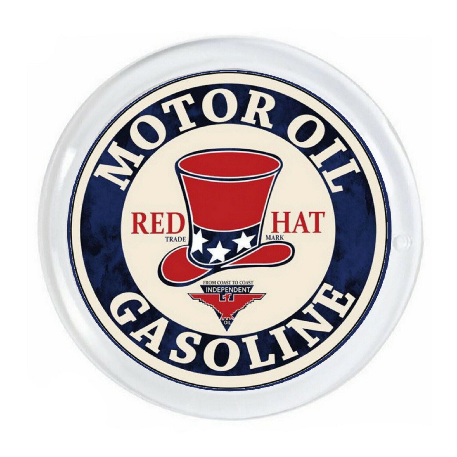Red Hat Oil Magnet big round almost 3 inch diameter with border.