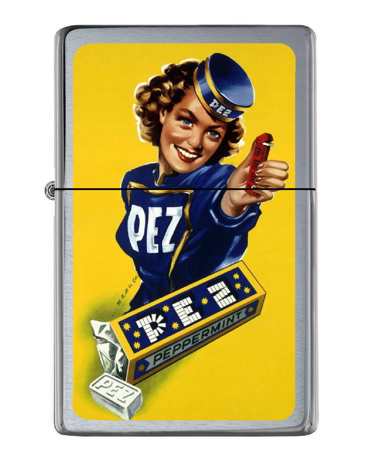 Retro Classic Pez Girl Poster Flip Top Lighter Brushed Chrome with Vinyl  Image.