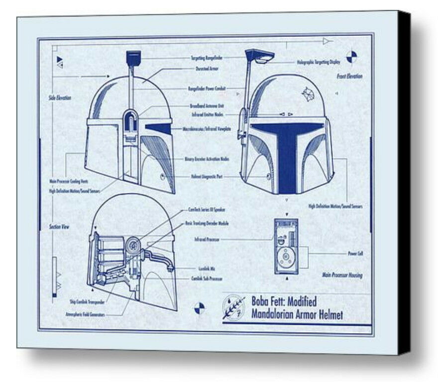 Framed Star Wars Boba Fett Helmet 8.5X11 Inch Schematics Diagram Blueprint Plans