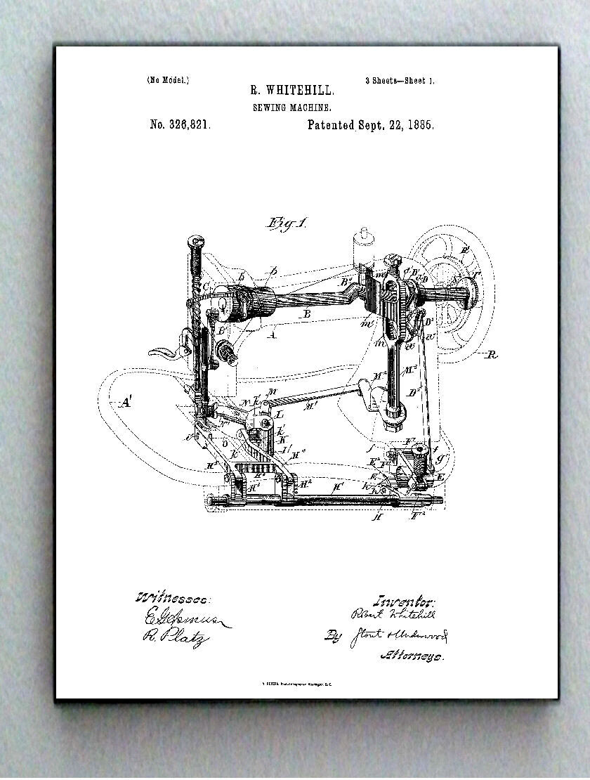 Framed 8.5 X 11 Sewing Machine Original Patent Diagram Plans Ready To Hang