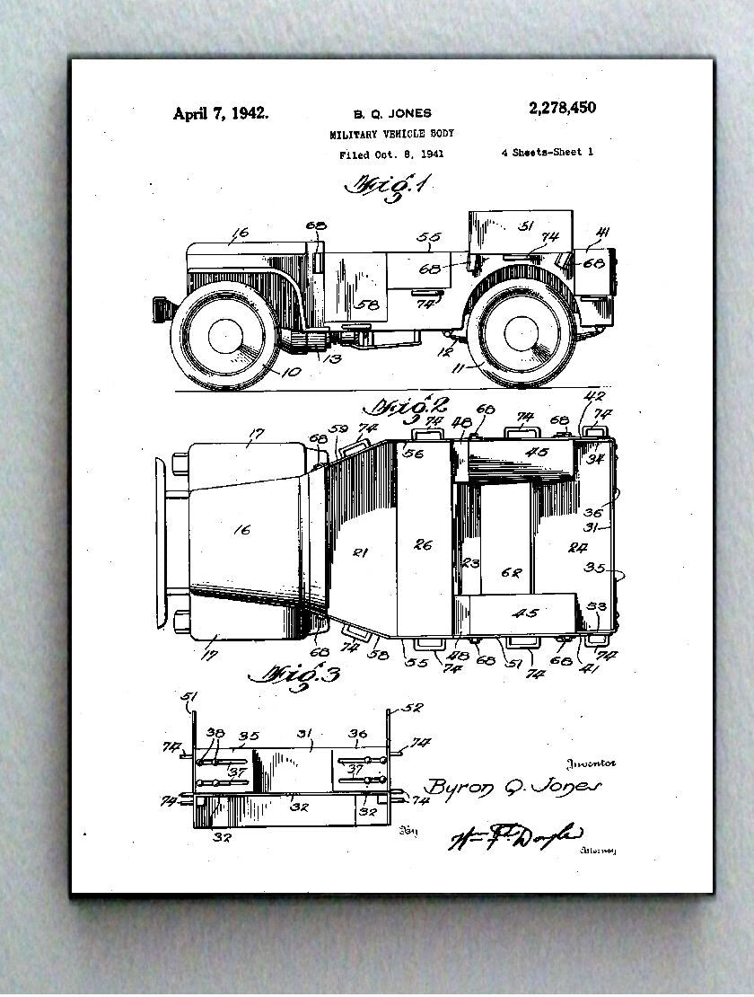 Framed 8.5 X 11 Jeep Vehicle Original Patent Diagram Plans Ready To Hang