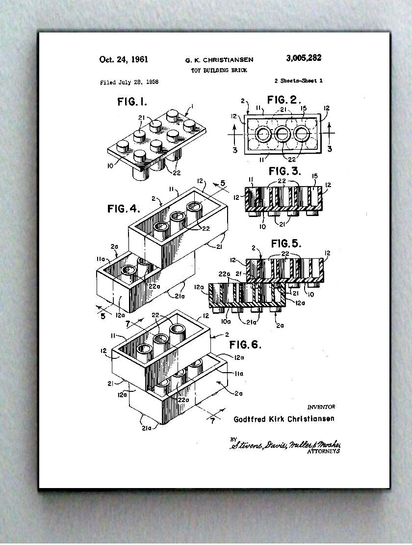Framed 8.5 X 11 Lego Toy Brick Original Patent Diagram Plans Ready To Hang