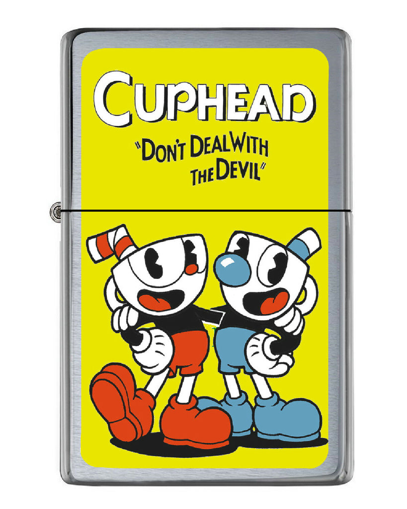 CupHead Mugman Flip Top Lighter Brushed Chrome with Vinyl Image.