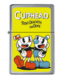 CupHead Mugman Flip Top Lighter Brushed Chrome with Vinyl Image.