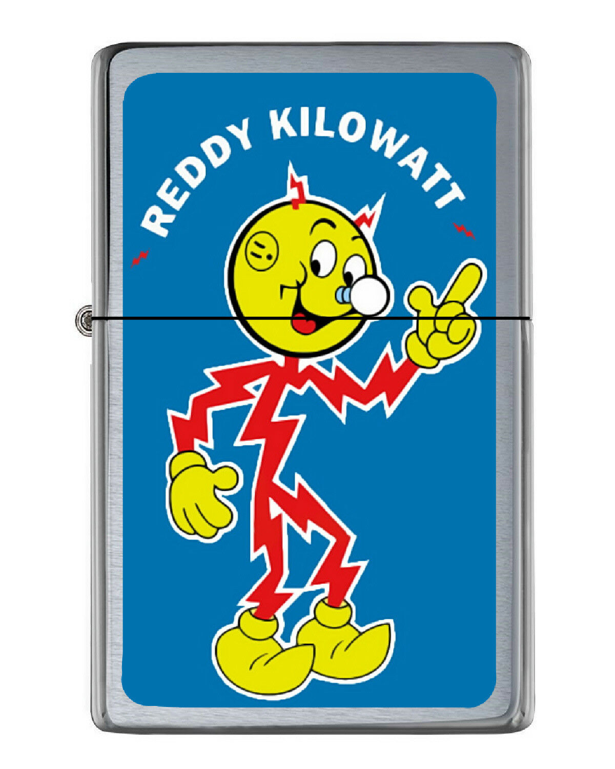 Reddy Kilowatt Flip Top Lighter Brushed Chrome with Vinyl Image.