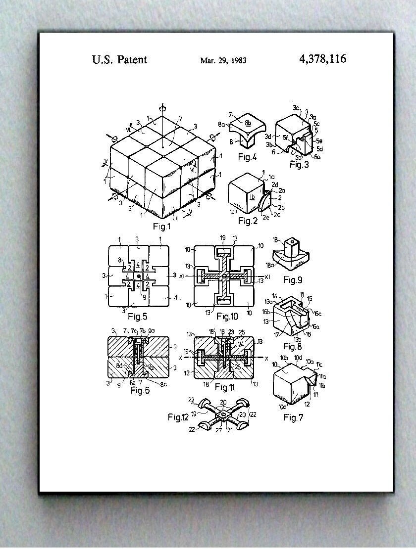 Framed 8.5 X 11 1983 Erno Rubiks Puzzle Cube Original Patent Diagram Plans