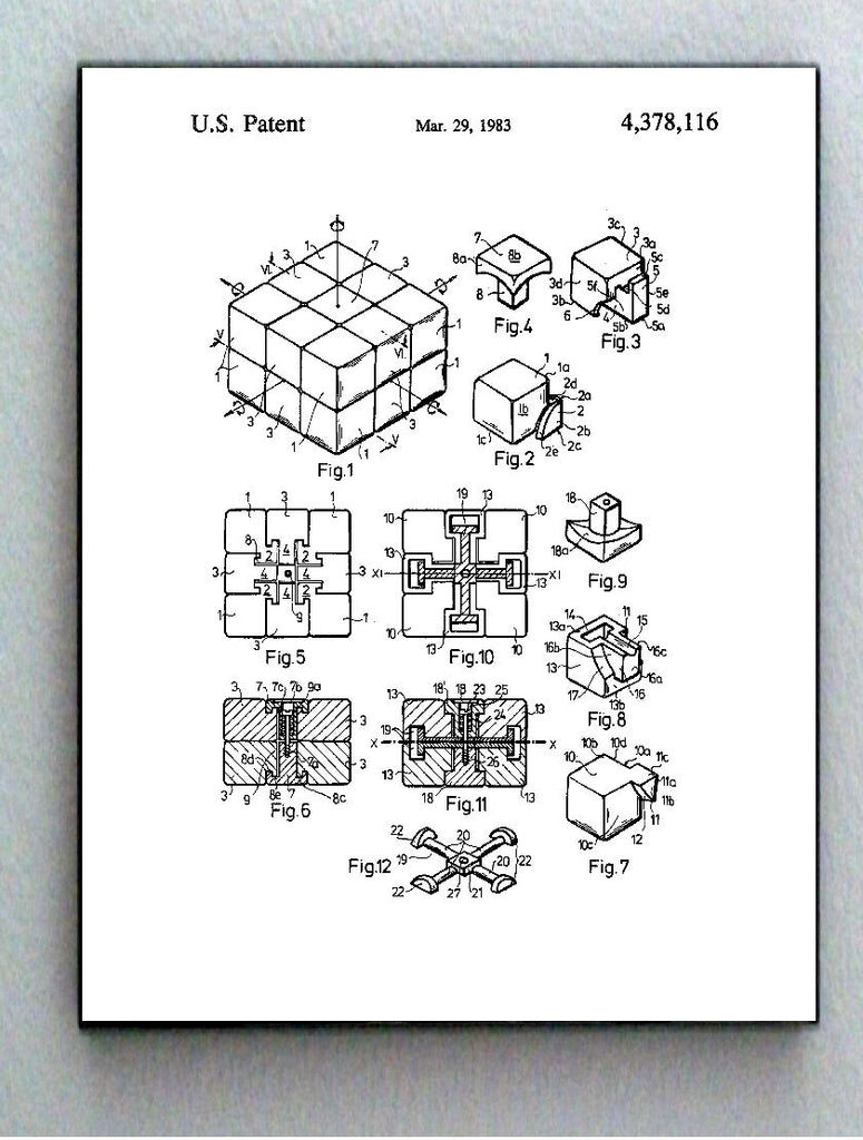 Framed 8.5 X 11 1983 Erno Rubiks Puzzle Cube Original Patent Diagram Plans