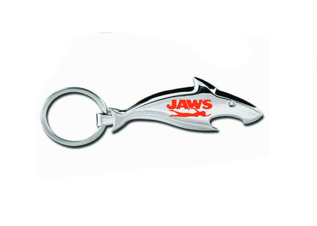 Jaws Shark Movie Silver Metal Bottle Opener Keychain with Jewel Eye and swimmer.