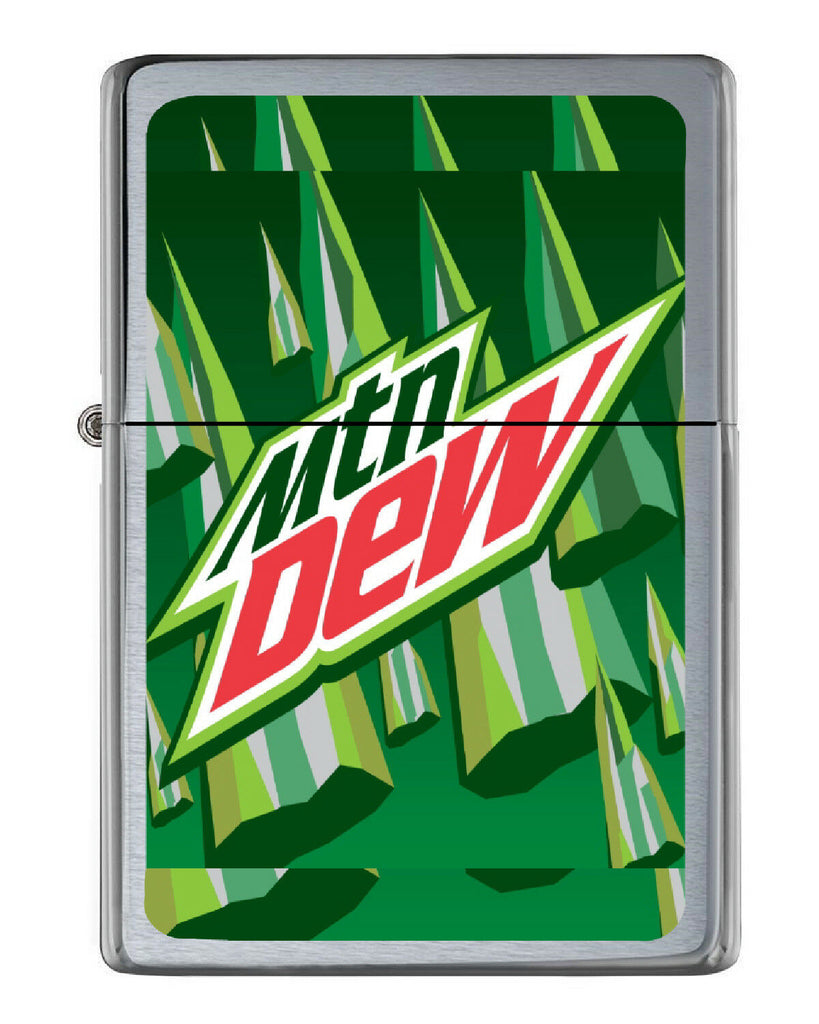 Mt. Mountain Dew Soda Pop Flip Top Lighter Brushed Chrome with Vinyl Image +tin