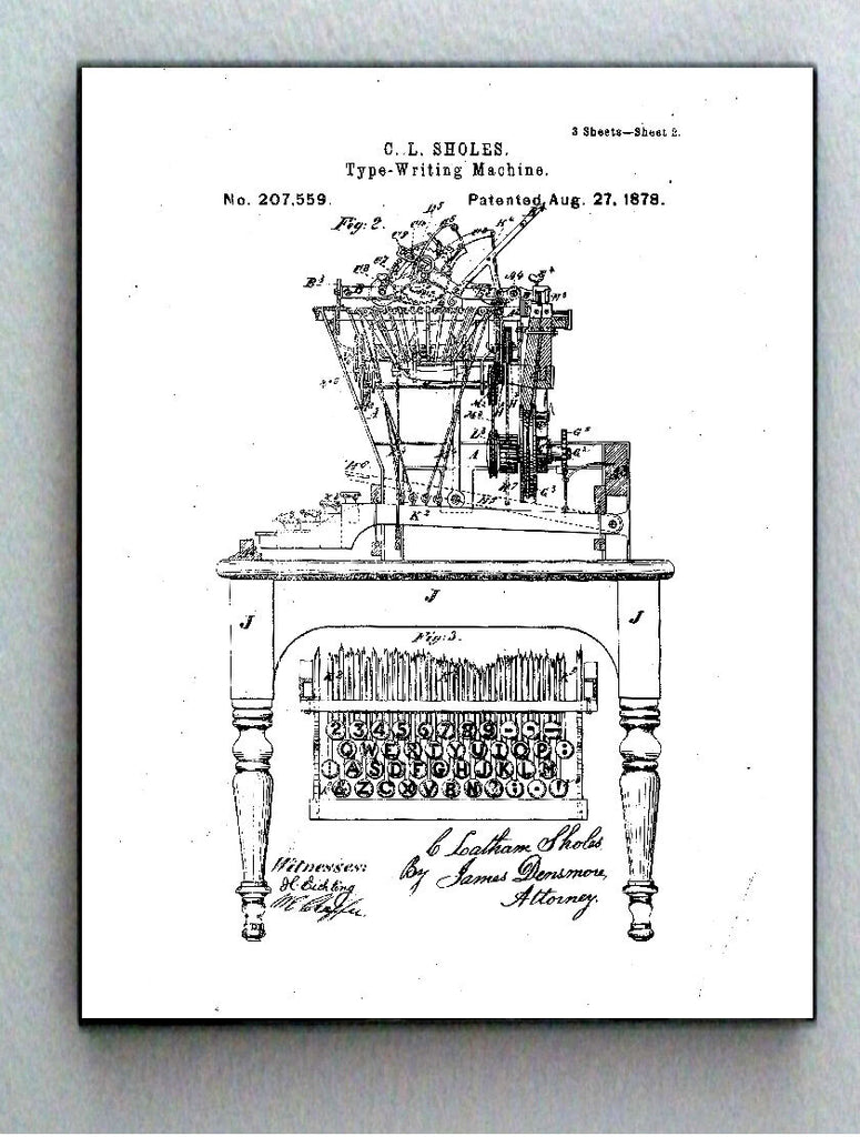 Framed 8.5 X 11 1878 Typewriter Original Patent Diagram Plans Ready To Hang