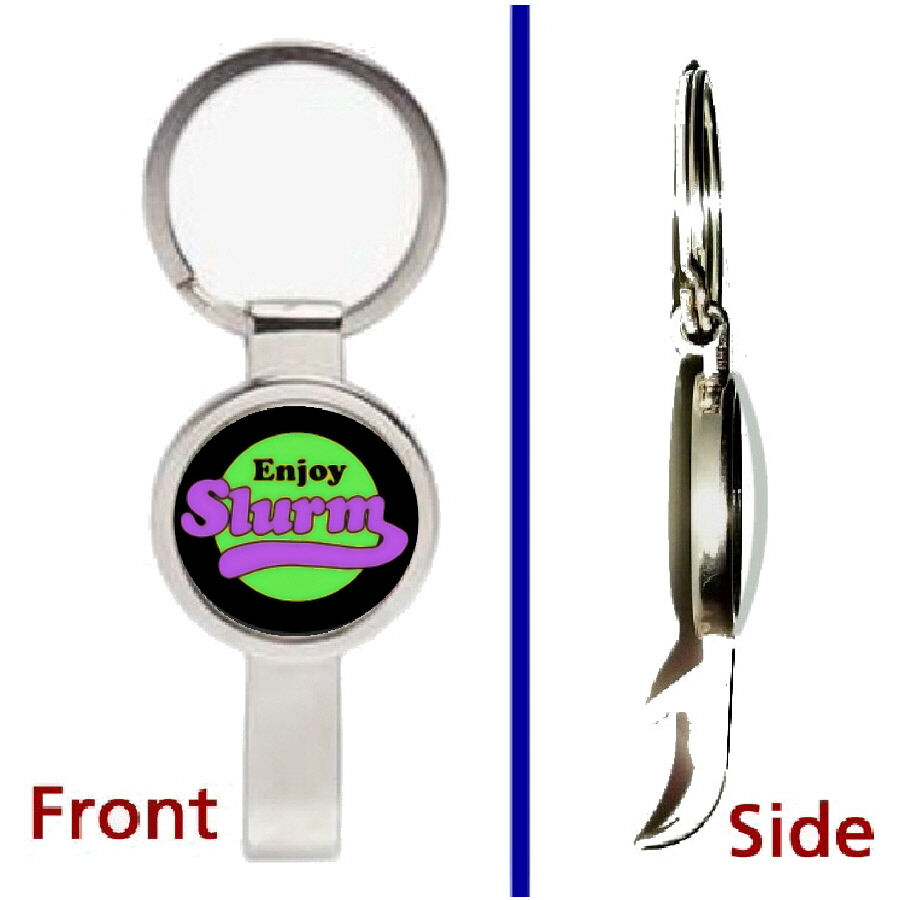 Futurama Enjoy Slurm Pendant or Keychain silver tone secret bottle opener