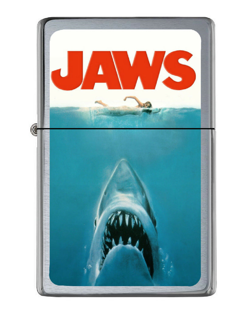 Jaws Shark Movie Poster Flip Top Lighter Brushed Chrome with Vinyl Image.