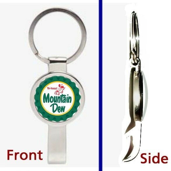 retro classic Mountain Mt. Dew Pennant Keychain silver tone secret bottle opener