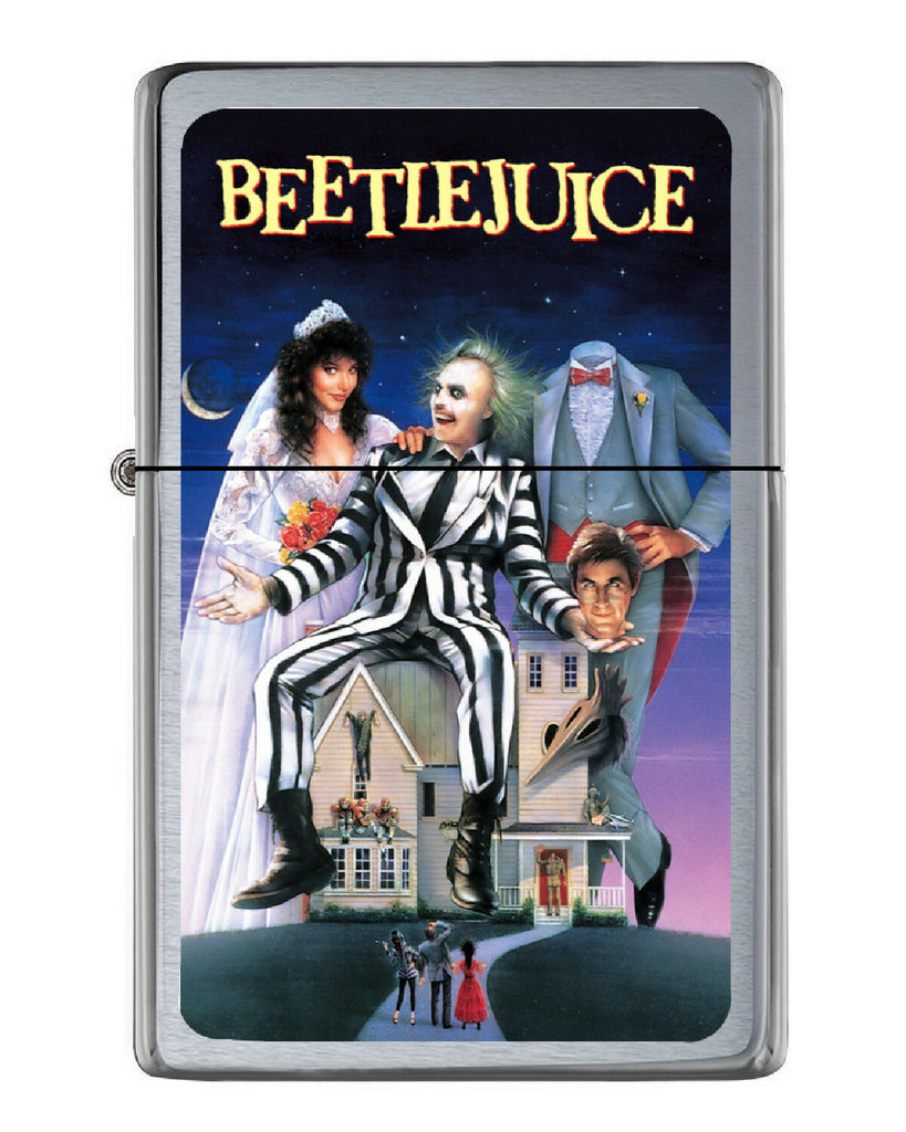 Beetlejuice Flip Top Lighter Brushed Chrome with Vinyl Image.