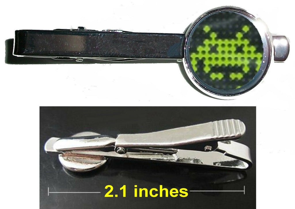 Atari Space Invaders Tie Clip Clasp Bar Slide Silver Metal Shiny