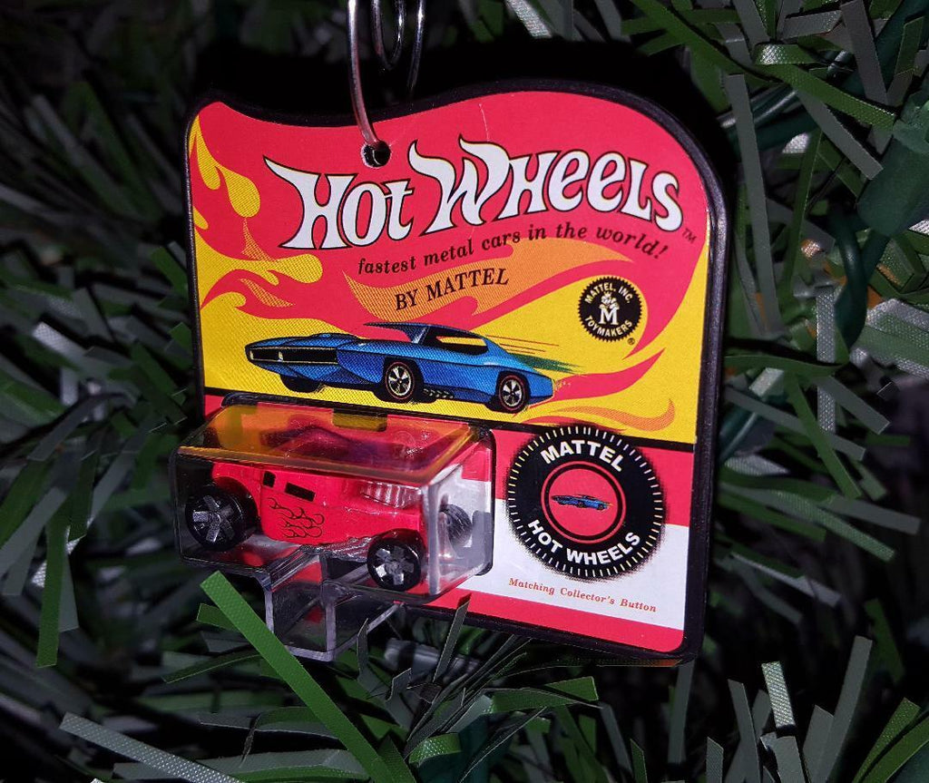 Retro Mini Die Cast Metal Hot Wheels Christmas Tree Holiday Ornament on card