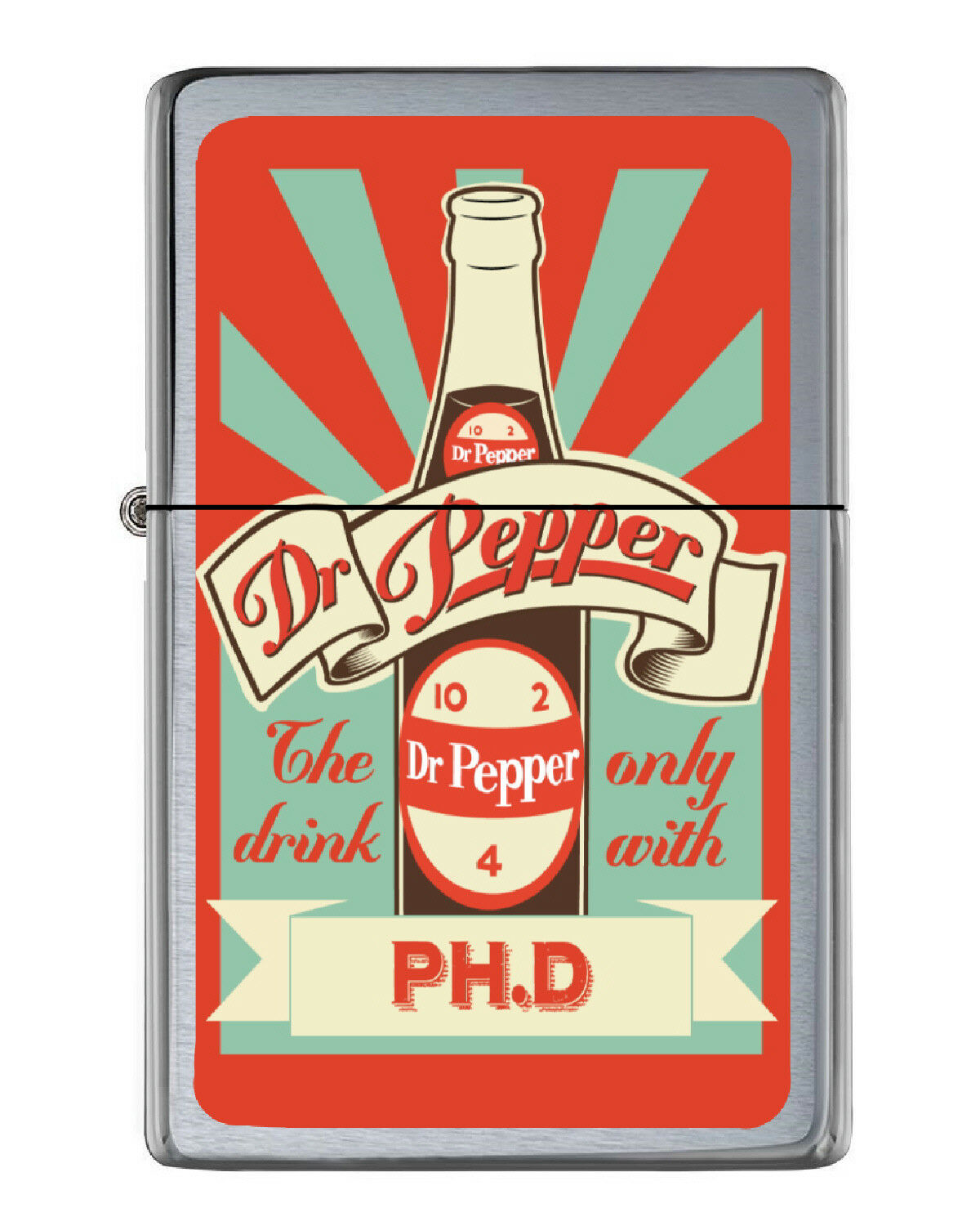 Retro Dr. Pepper Bottle Ad Flip Top Lighter Brushed Chrome with Vinyl Image.