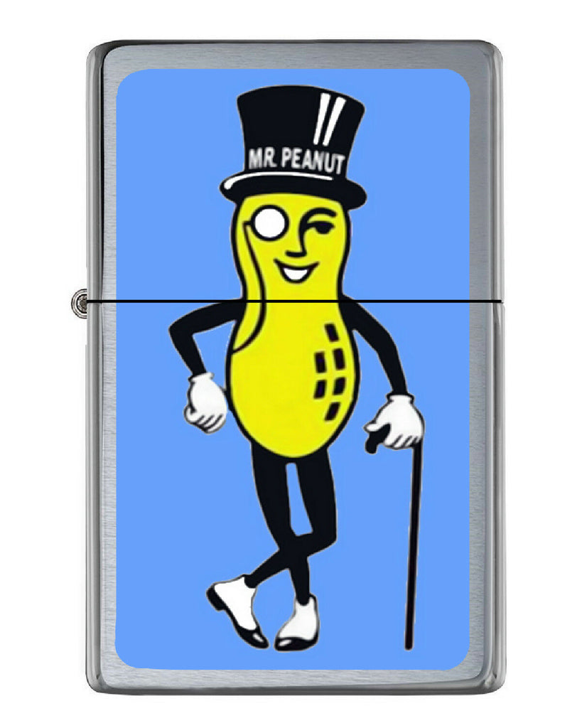 Planters Mr. Peanut Flip Top Lighter Brushed Chrome with Vinyl Image.