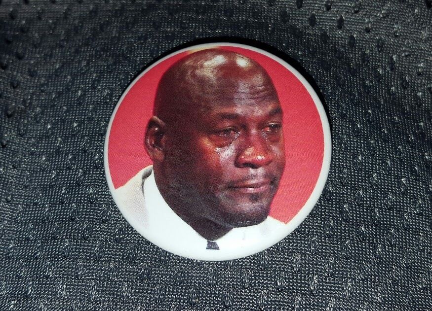 1.5 inch metal Crying Michael Jordan gag prank promo button
