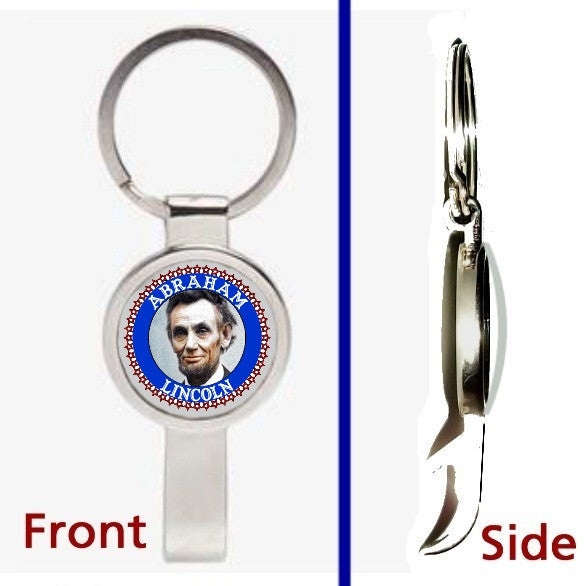 Abraham Abe Lincoln Pendant or Keychain silver tone secret bottle opener , 1861-65 Abraham Lincoln - n/a, Final Score Products
