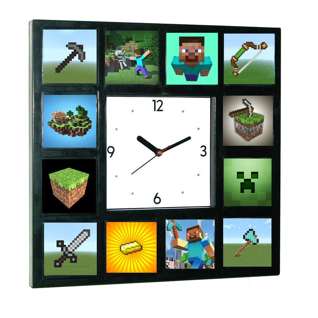 Minecraft Clock w/ 12 Pictures of Steve, Axe, Gold, Sword, Bow, Creeper available Glow In The Dark